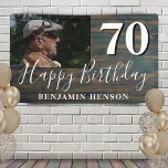 Rustic Wood 70th Birthday Party Photo Banner<br><div class="desc">Rustic Wood 70th Birthday Party Photo Banner. Great sign for the 70th birthday party with a custom photo and text in trendy white script with a name. The background is dark wood texture. Personalise the sign with your photo,  your name and the age number.</div>