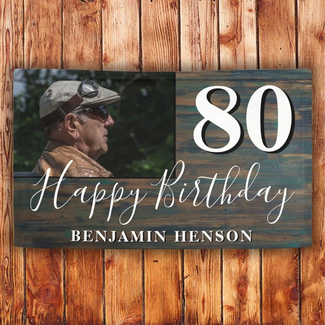 Rustic Wood 80th Birthday Party Photo Banner (Creator Uploaded)