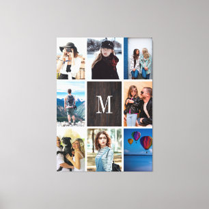 Rustic Wood 8 Photo Collage Monogram Personalised Canvas Print