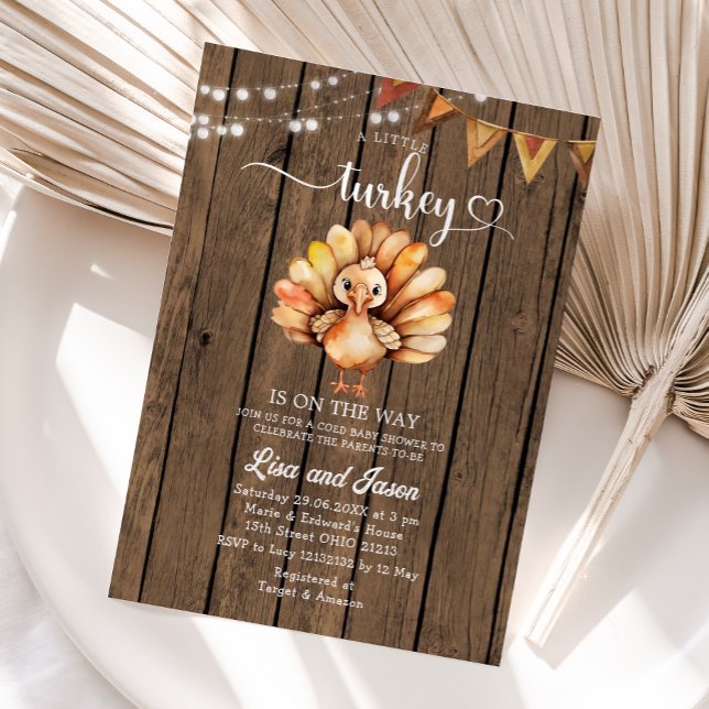 Rustic Wood A Little Turkey Autumn Baby Shower Invitation (Creator Uploaded)