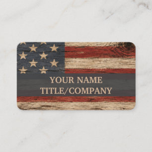 Rustic Wood American Flag Blue line Company Name Business Card