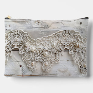 Rustic Wood and Antique Lace Accessory Pouch