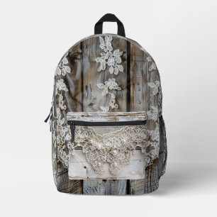 Rustic Wood and Antique Lace Printed Backpack