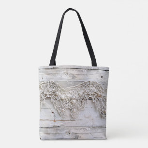 Rustic Wood and Antique Lace Tote Bag