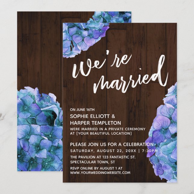 Rustic Wood and Blue Hydrangea We're Married Invitation (Front/Back)