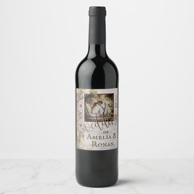 Rustic Wood and Burlap Wedding Wine Label (Front)