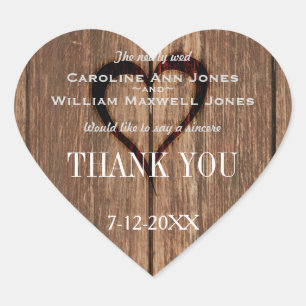 Rustic Wood and Engraved Heart Thank You Sticker