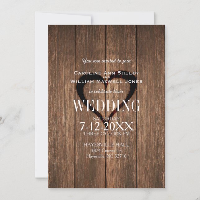 Rustic Wood and Engraved Heart Wedding Invitation (Front)