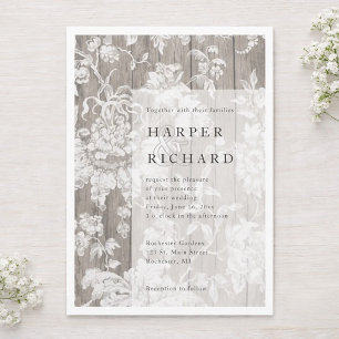 Rustic wood and floral modern wedding invitation