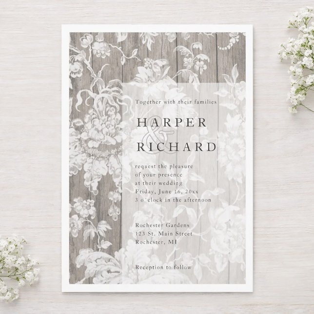 Rustic wood and floral modern wedding invitation (Vintage floral on weathered rustic wood wedding invitation.)