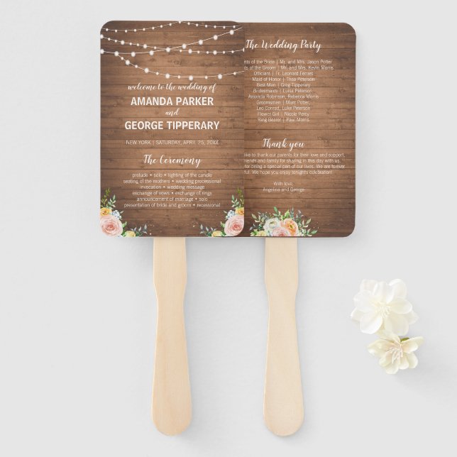 Rustic wood and flowers wedding programs hand fan (Front and Back)