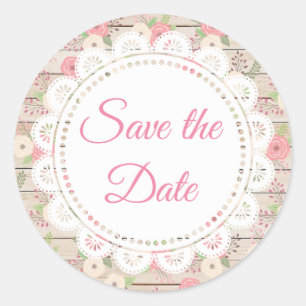 Rustic Wood and Flowers Wedding Save the Date Classic Round Sticker