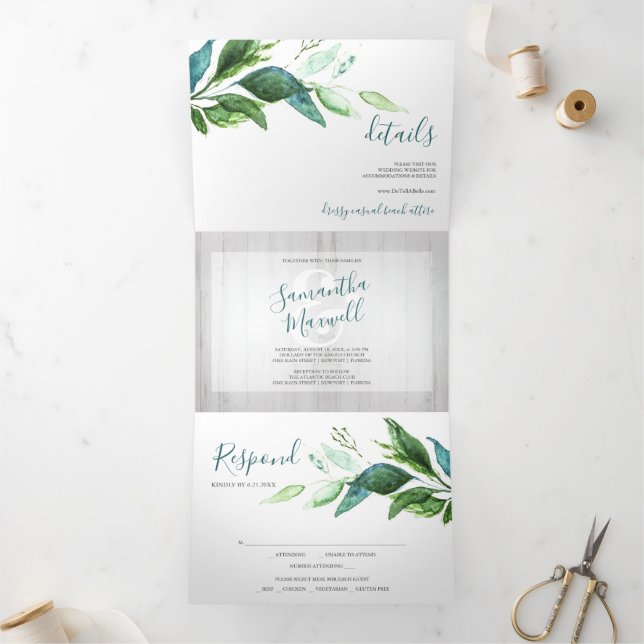 Rustic Wood and Greenery All In One Wedding Invite (Inside)