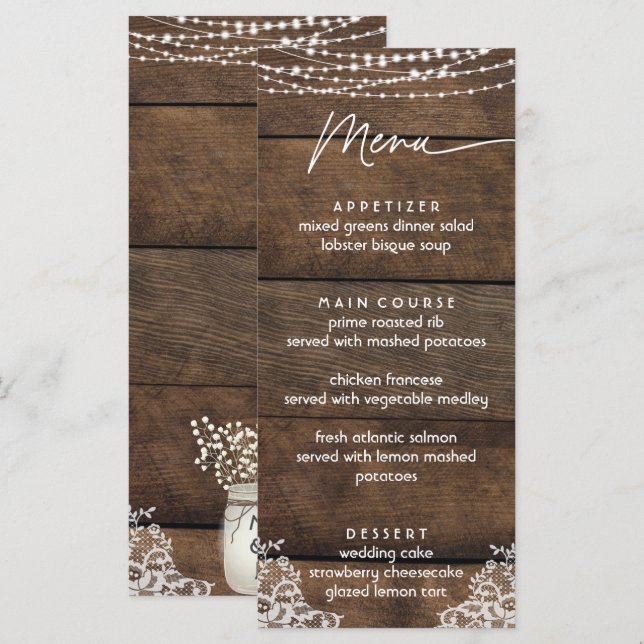 Rustic Wood and Lace Country Wedding Flat Menu (Front/Back)