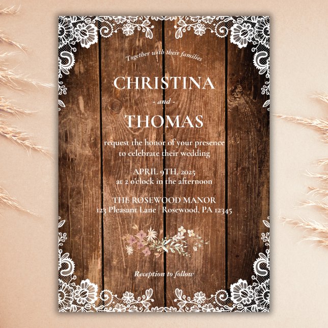 Rustic Wood and Lace Country Wedding Invitation (Creator Uploaded)