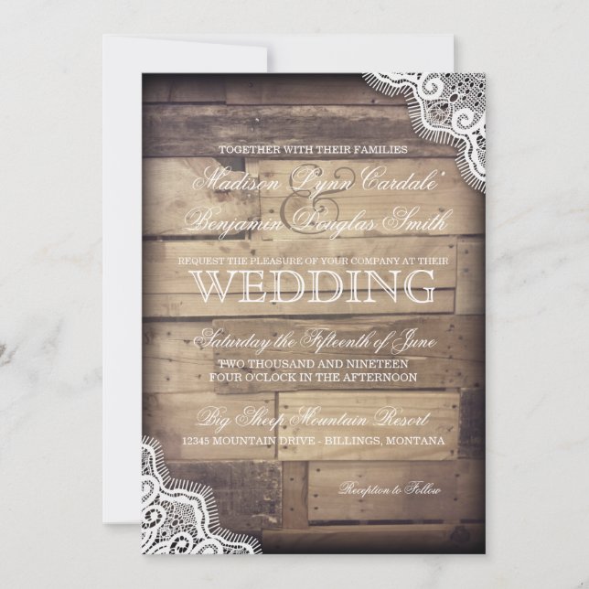 Rustic Wood and Lace Country Wedding Invitations (Front)