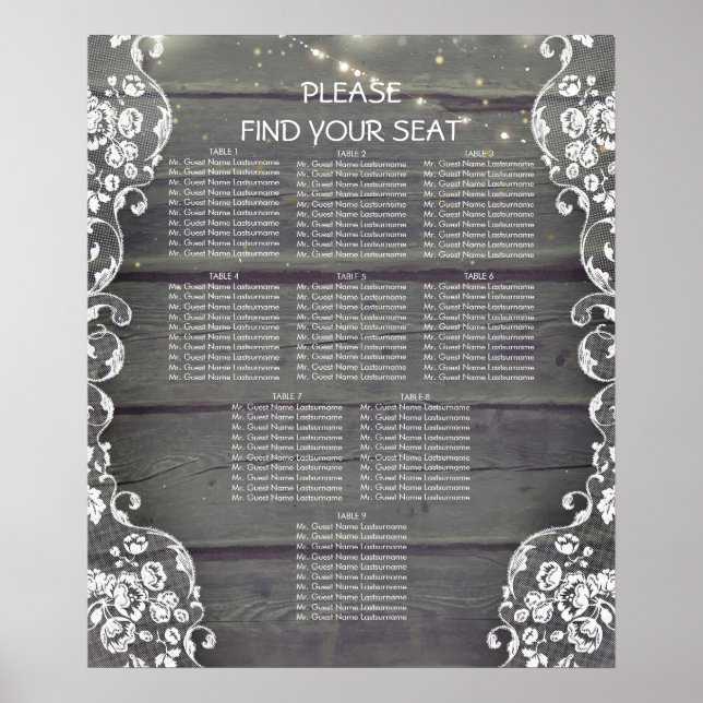 Rustic Wood and Lace Lights Wedding Seating Chart (Front)