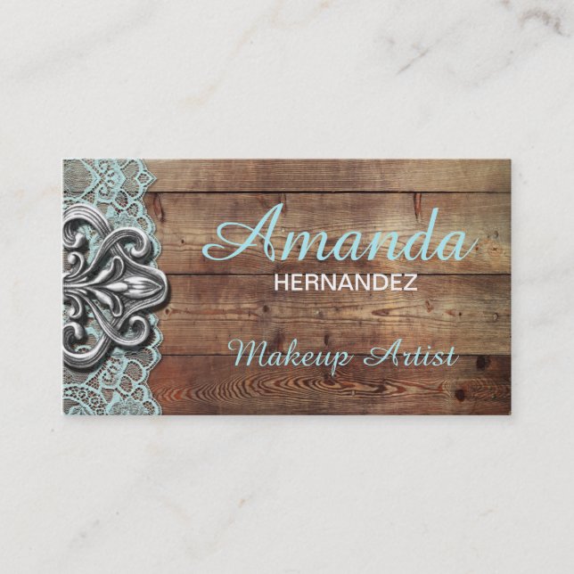 Rustic Wood and Lace Makeup Artist Business Card (Front)