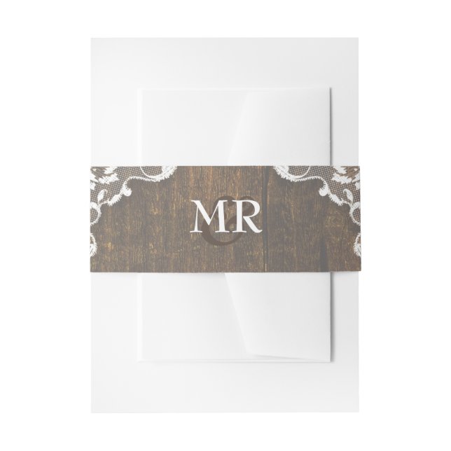 Rustic Wood and Lace Monogram Wedding Belly Bands Invitation Belly Band (Front Example)