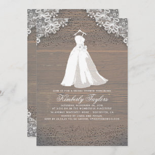 Rustic Wood and Lace Wedding Gown Bridal Shower Invitation