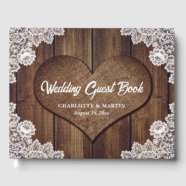 Rustic Wood and Lace Wedding Guest Book (Front)