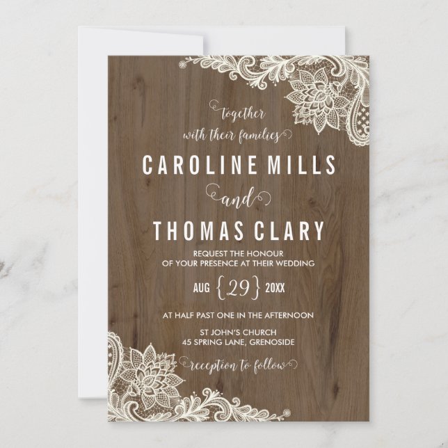 Rustic Wood and Lace Wedding Invitation (Front)