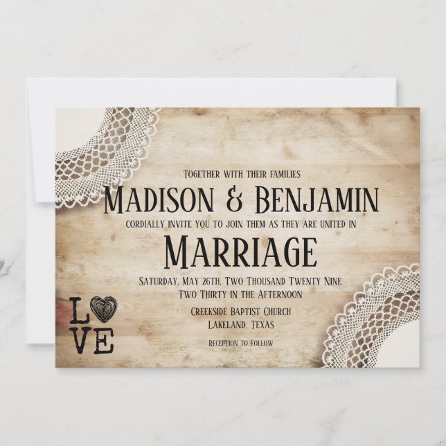 Rustic Wood and Lace Wedding Invitations (Front)