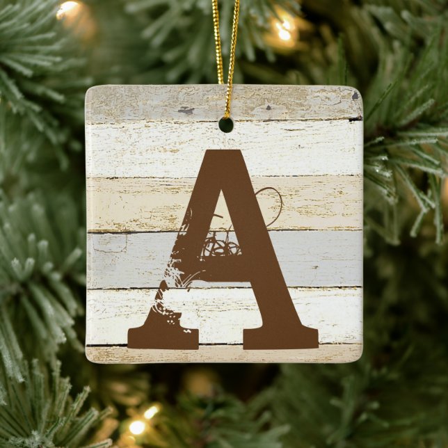 Rustic wood and letter ceramic ornament (Tree)