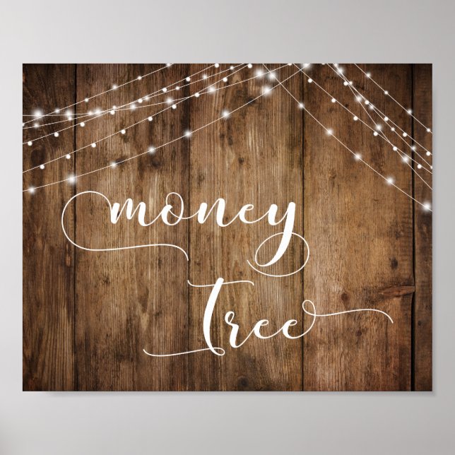 Rustic Wood and Lights Wedding Money Tree Sign (Front)