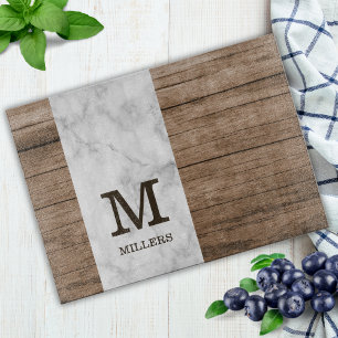 Rustic Wood and Marble Family Name Monogrammed   Cutting Board