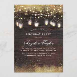 Rustic Wood and Mason Jar Lights Birthday Party Invitation