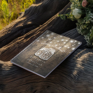 Rustic Wood and Mason Jar Lights Wedding Guestbook Spiral Notebook