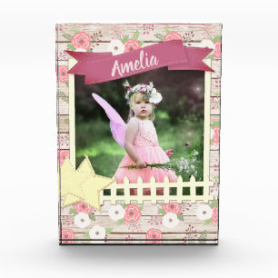 Rustic Wood and Pink Floral Custom Photo and Name Block