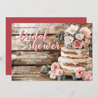 Rustic Wood and Pink Rose Cake Bridal Shower  Invitation