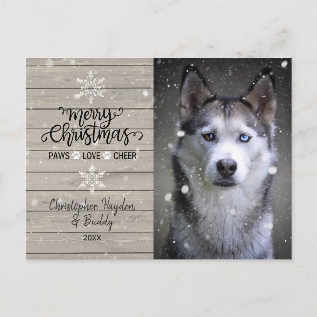 Rustic Wood and Snowflakes Christmas Dog Photo Postcard (Front)