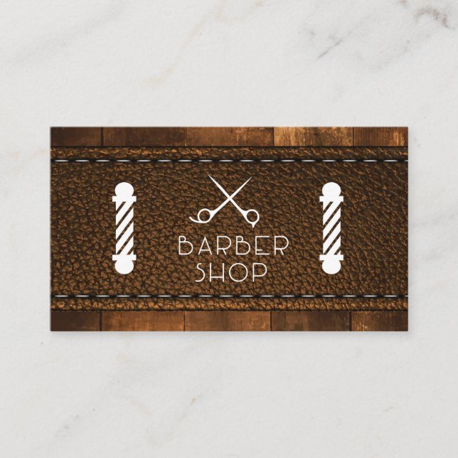 Rustic Wood and Stitched Leather Business Card (Front)