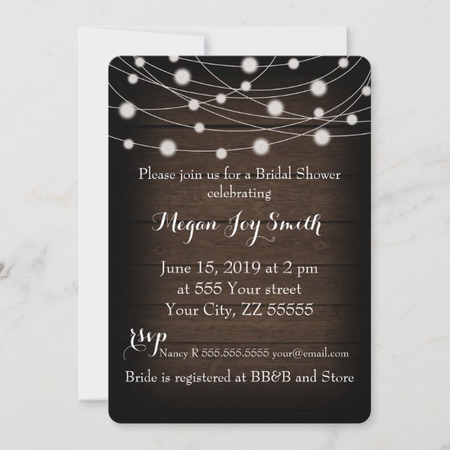 Rustic Wood and String Lights Bridal Shower Invitation (Front)
