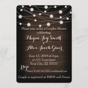 Rustic Wood and String Lights Couples Shower Invitation
