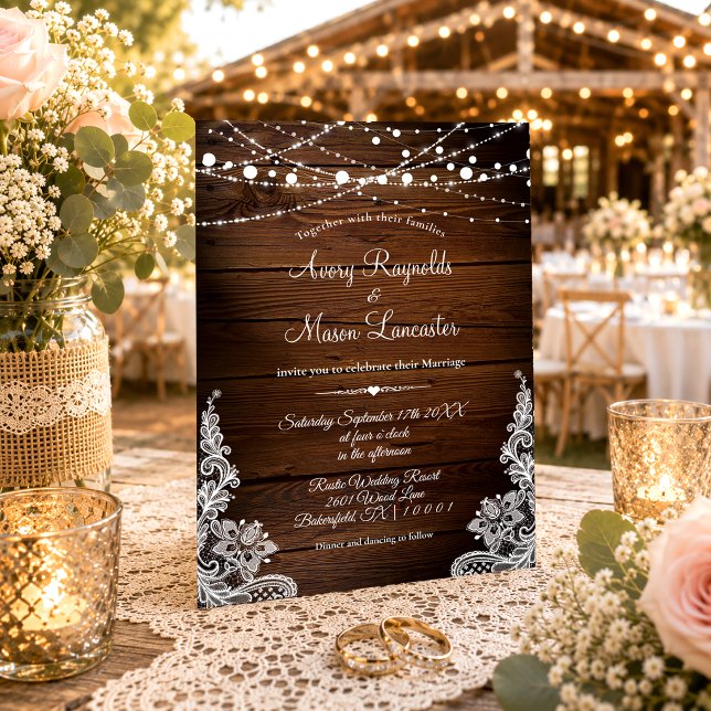 Rustic Wood and String Lights Lace Wedding Invitation (Creator Uploaded)