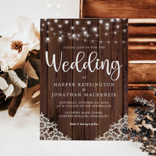 Rustic Wood and String Lights Lace Wedding Invitation (Creator Uploaded)
