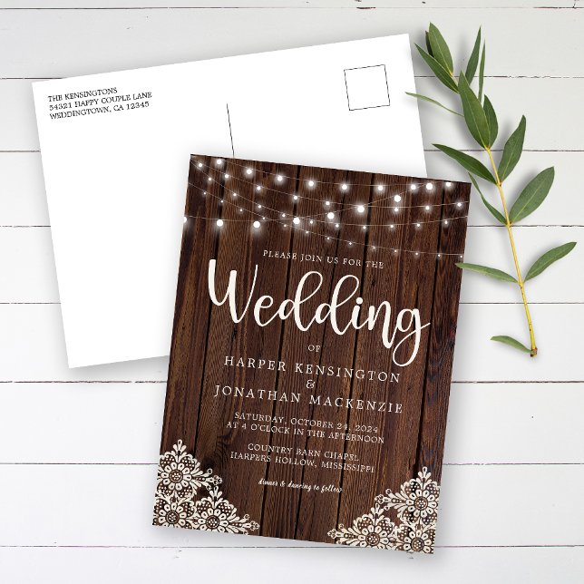 Rustic Wood and String Lights Lace Wedding Invitation Postcard (Creator Uploaded)