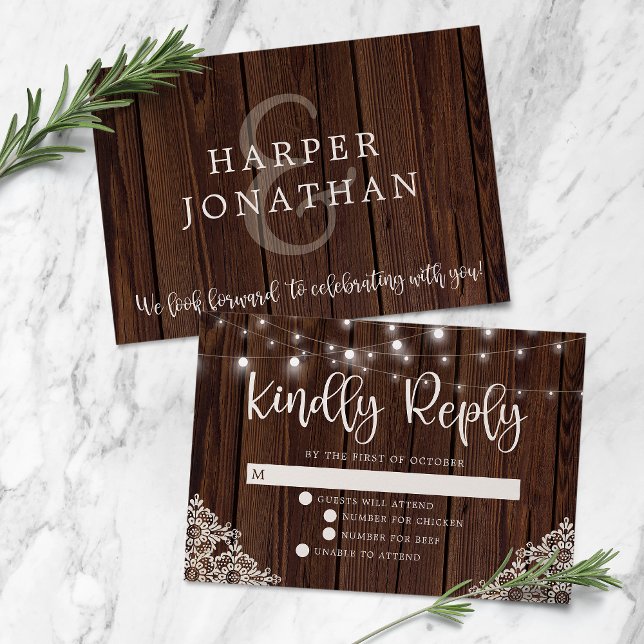 Rustic Wood and String Lights Lace Wedding RSVP (Creator Uploaded)