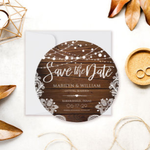 Rustic Wood and String Lights Lace Wedding Save The Date