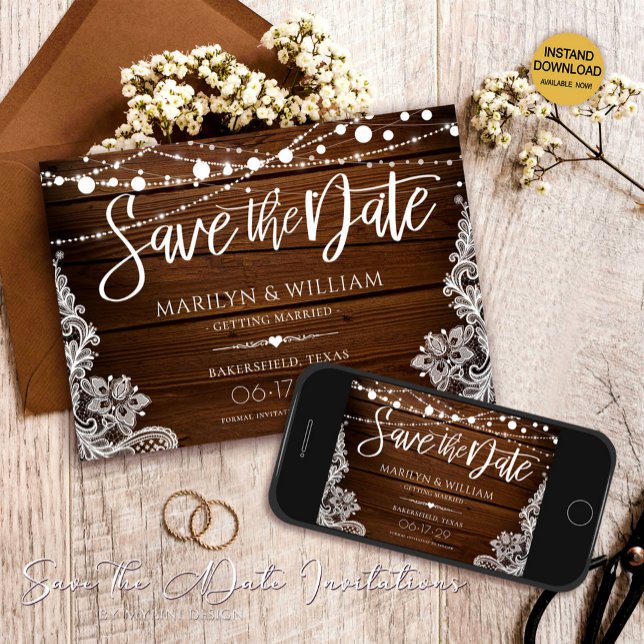 Rustic Wood and String Lights Lace Wedding Save The Date (Creator Uploaded)
