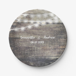 Rustic wood and string lights wedding paper plate
