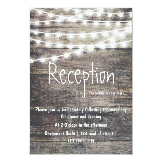 Rustic wood and string lights wedding reception 9 cmx13 cm invitation card Zazzle