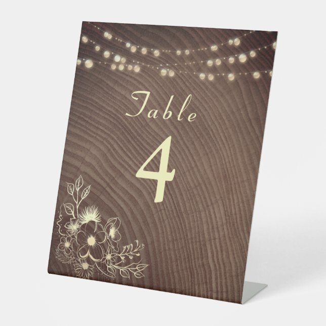 Rustic Wood and String Lights Wedding Table Number Pedestal Sign (Front)