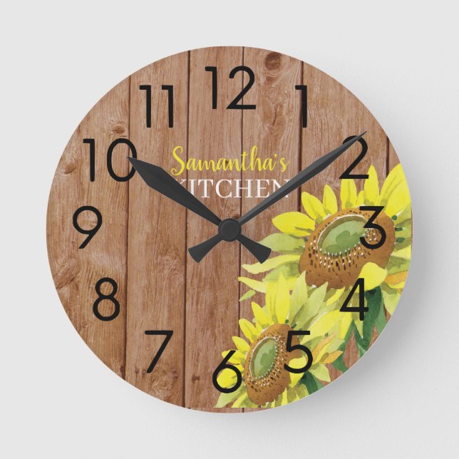 Rustic Wood And Sunflower Personalised  Kitchen   Round Clock (Front)