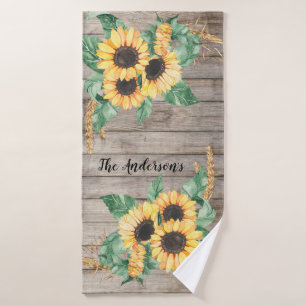 Rustic Wood and Sunflowers Bath Towel