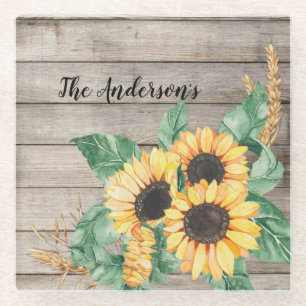 Rustic Wood and Sunflowers  Glass Coaster